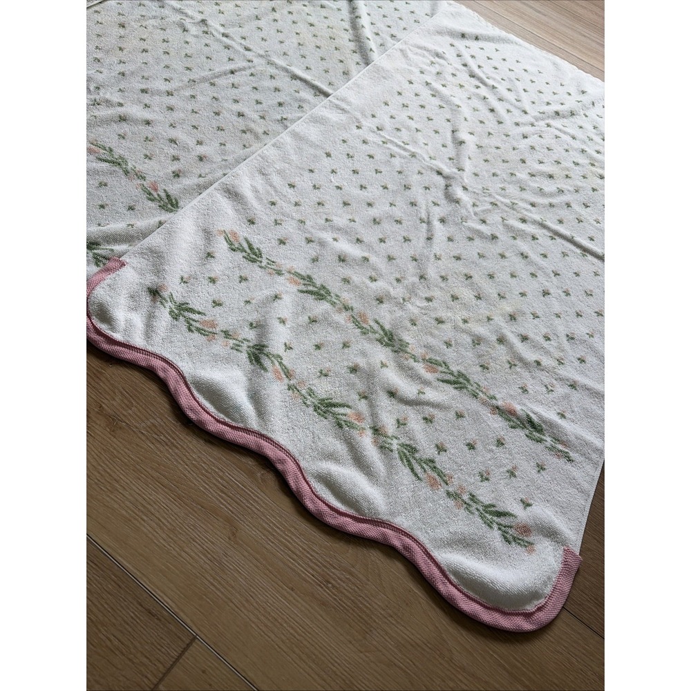 Vintage Burlington Bath Towel Set Of 3 Floral White Scallop MCM Made In USA Read